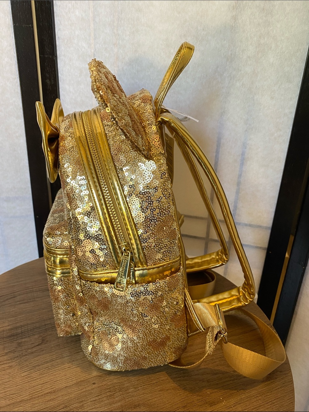 Loungefly Disney Parks Minnie Mouse gold sequin backpack with hidden mickeys NWT - Picture 6 of 8